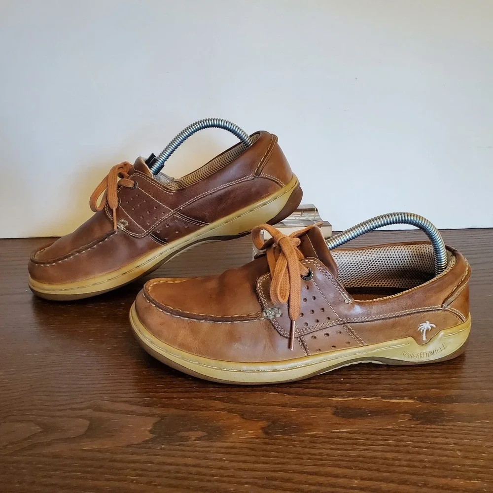 Margaritaville 'DREAMIN' Leather Mens Size 8 Anchor Tan Boat Shoes 2-Eye Loafers